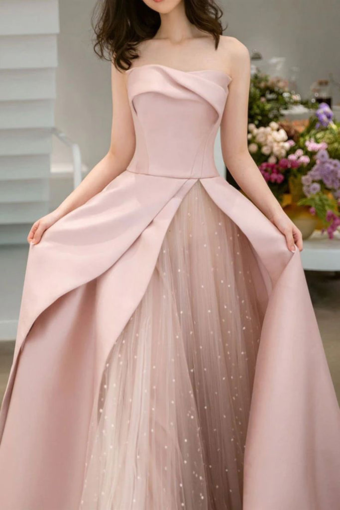 Gorgeous A-Line Pink Satin Strapless Long Prom Dress, Formal Dress With Tulle CHP0283