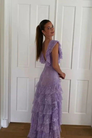 Lilac Lace V-neck Long Prom Dress Evening Gown Party Dress CHP0422