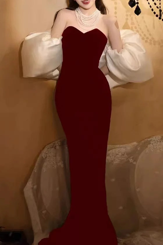 Black Sweetheart Mermaid Velvet Prom Dress With Removable Sleeves CHP0329