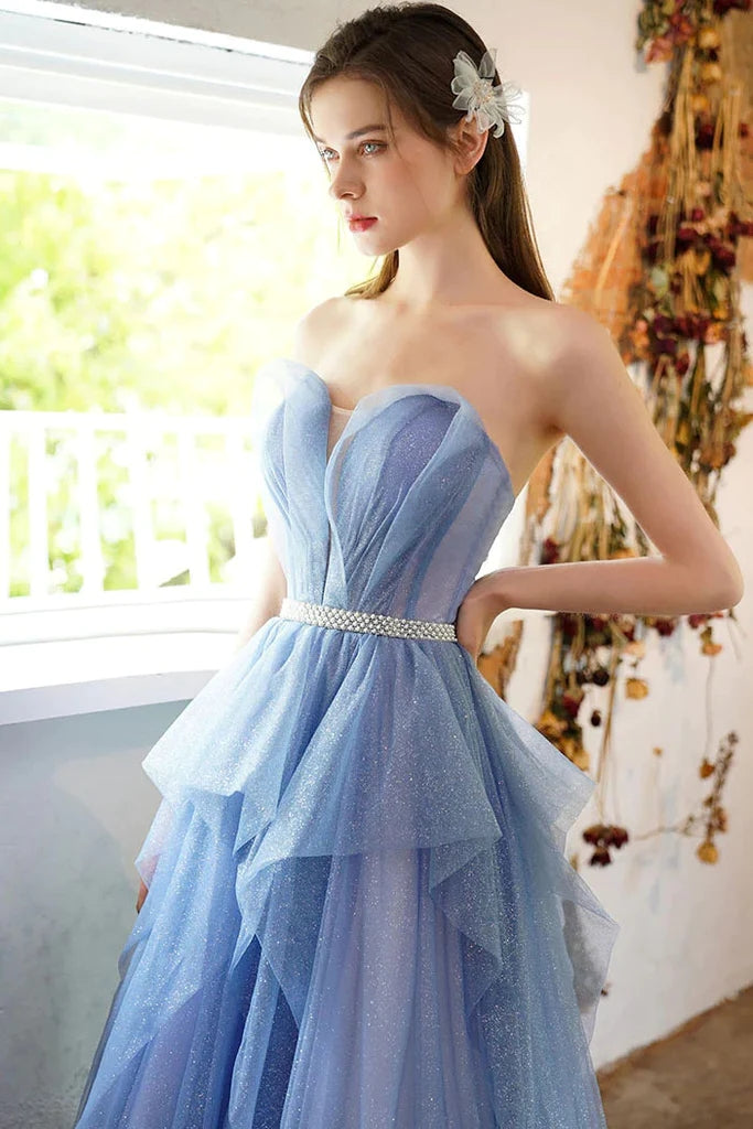 Shiny Blue Strapless Long Prom Gown With Beading, A Line Sparkly Evening Dress CHP0271