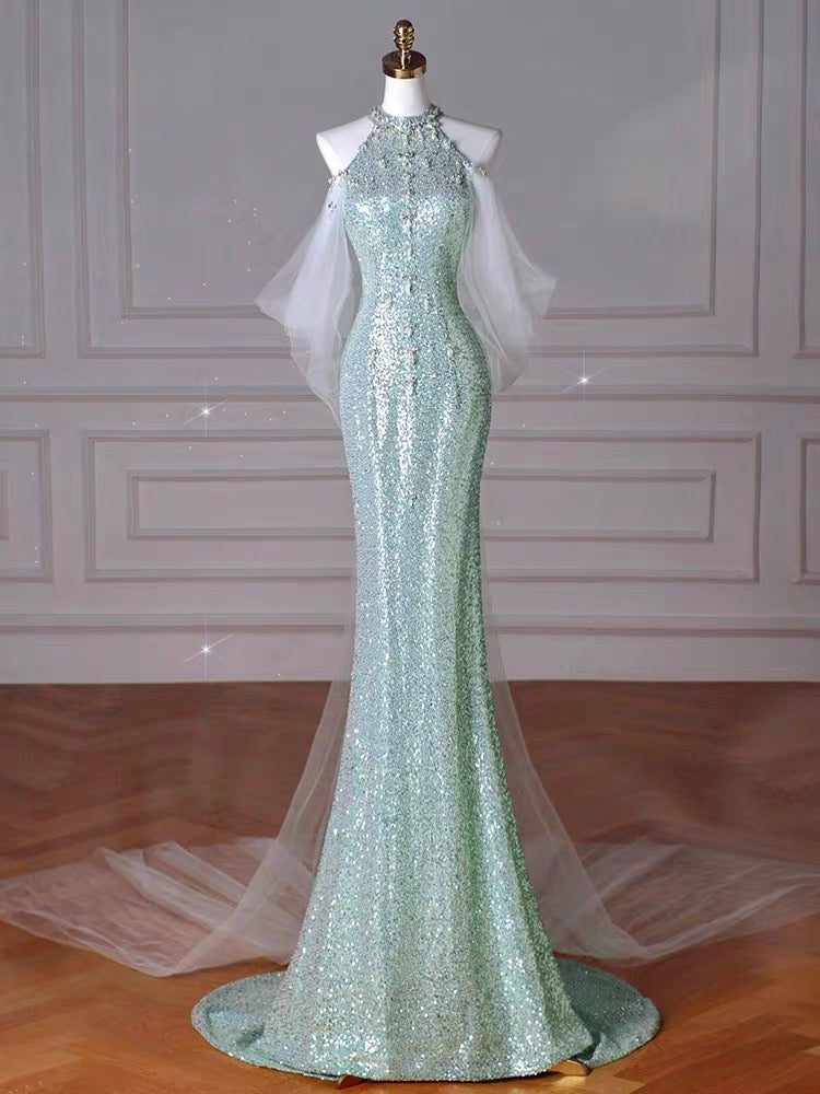 Mint Green Sequins Removable Sleeves Halter Long Prom Gown, Formal Dresses CHP0337