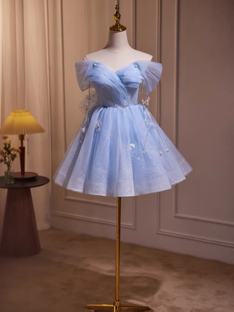 Off-the-Shoulder Blue Tulle Mini Homecoming Dress chh0169 cherishgirls Off-the-Shoulder Blue Tulle Mini Homecoming Dress chh0169 cherishgirls