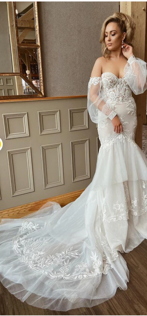 Charming Mermaid Lace Detachable Sleeve Bridal Dresses, Wedding Dress CHW0164