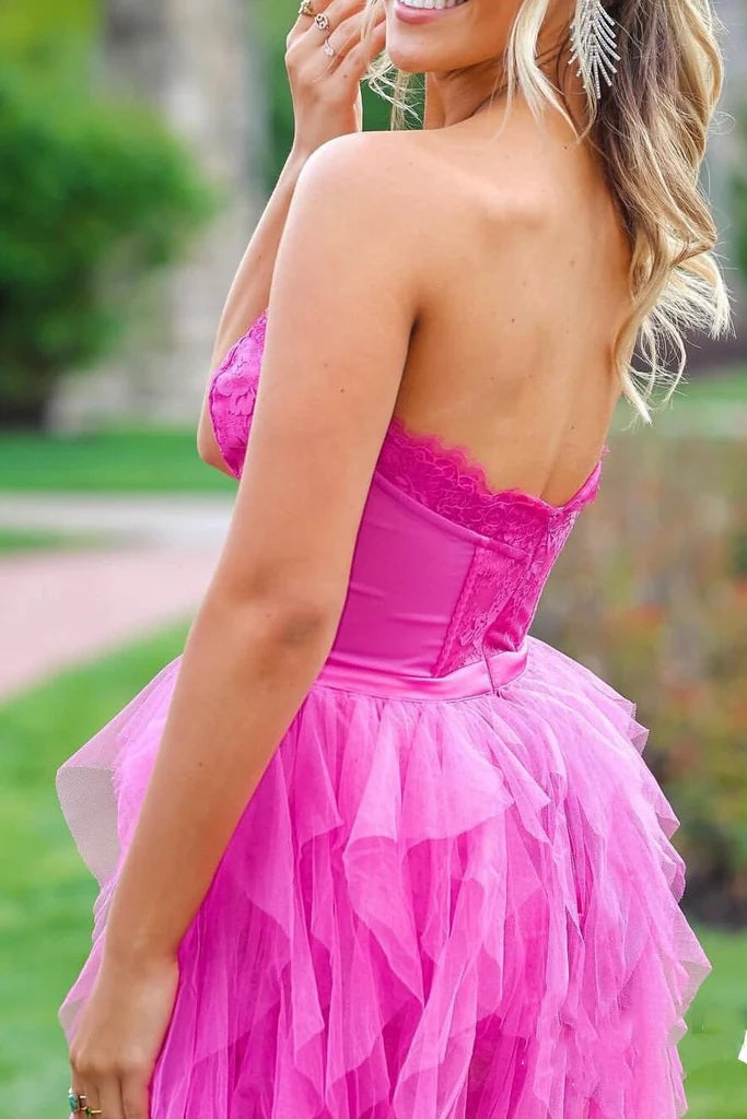 Sweetheart A-Line Hot Pink Tulle Ruffle Lace Long Prom Dresses, Slit Long Formal Gown CHP0356