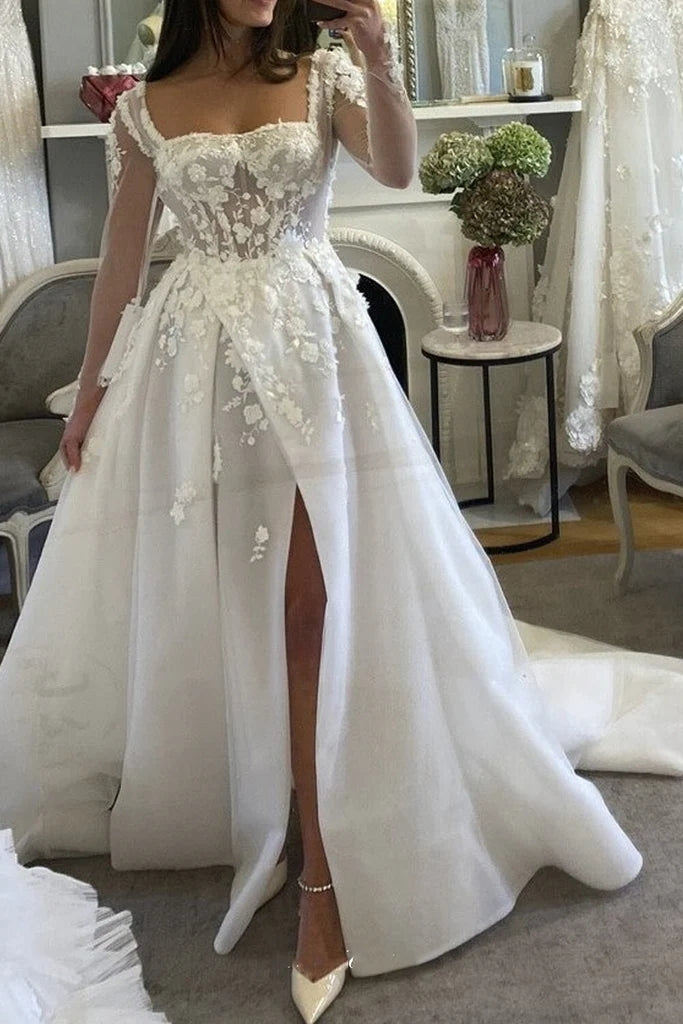 Unique Lace Applique Long Sleeves A-Line Wedding Dresses, Bridal Gown cherishgirls Unique Lace Applique Long Sleeves A-Line Wedding Dresses, Bridal Gown cherishgirls