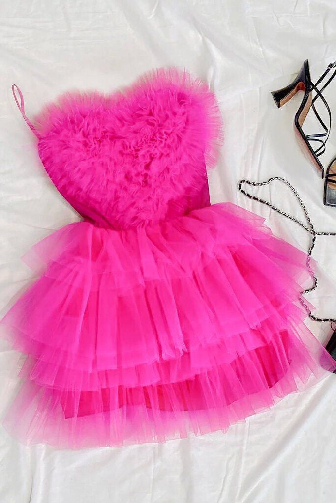 Hot Pink Spaghetti Straps Homecoming Dress With Layers, Party Gown, Gr cherishgirls Hot Pink Spaghetti Straps Homecoming Dress With Layers, Party Gown, Gr cherishgirls
