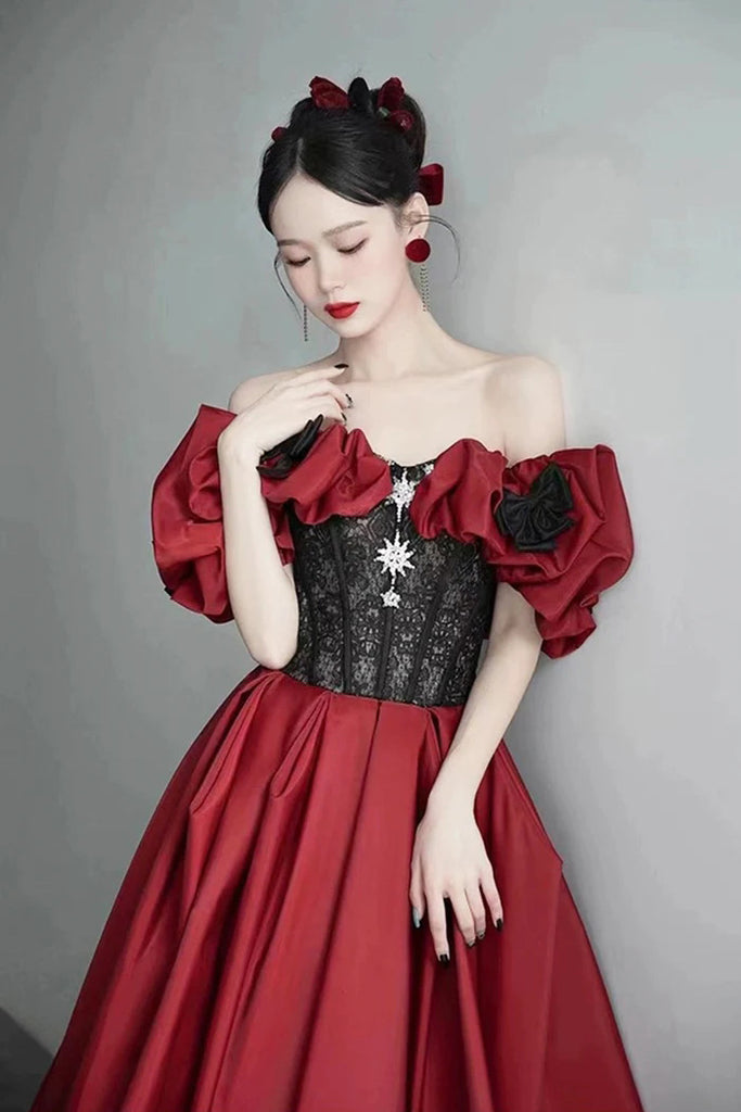 Burgundy Satin and Black Lace Floor Length Prom Dress, Off the Shoulder Evening Party Dress CHP0322