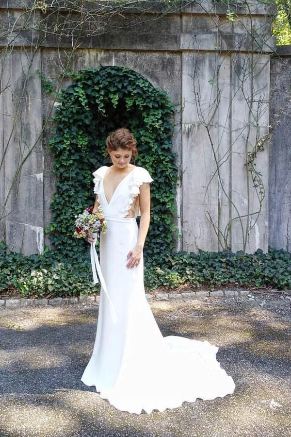 Mermaid V-Neck Cap Sleeves Wedding Dress with Ruffles, Bride Dress CHW0192
