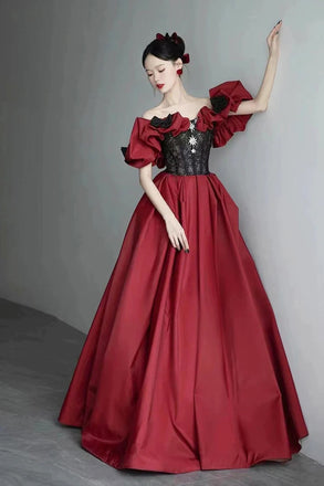 Burgundy Satin and Black Lace Floor Length Prom Dress, Off the Shoulder Evening Party Dress CHP0322