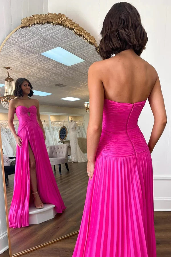 Hot Pink Strapless Keyhole Pleated A-Line Prom Formal Dress, Evening Gown CHP0308