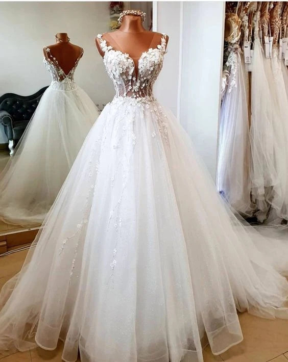 Charming A-Line V Neck Tulle Bridal Dresses, Wedding Dress With Applique CHW0165