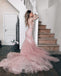 Pink Mermaid Sheer V Neck Wedding Dress With Applique, Bridal Gown CHW0178