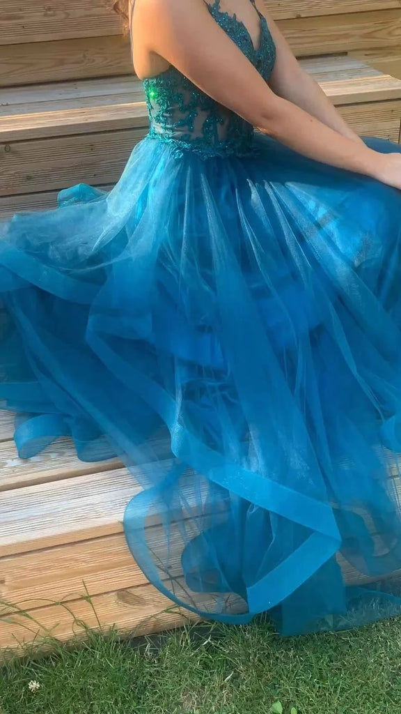 A-line Spaghetti Straps V Neck Tulle Lace Long Prom Dress, Formal Dress CHP0289