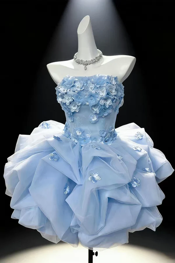 Strapless Light Blue Ruffled 3D Floral Short Homecoming Dress CHH0197