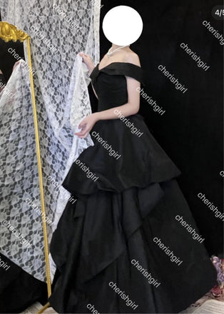 Off-the-Shoulder Black Tulle A-Line Long Prom Dress, Formal Dress CHP0409