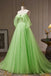 Off The Shoulder A Line Tulle Long Prom Dress, Green Formal Gown With Sequins CHP0296