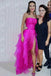 Simple Hot Pink Organza Strapless Prom Dresses Long Slit Evening Gown CHP0307