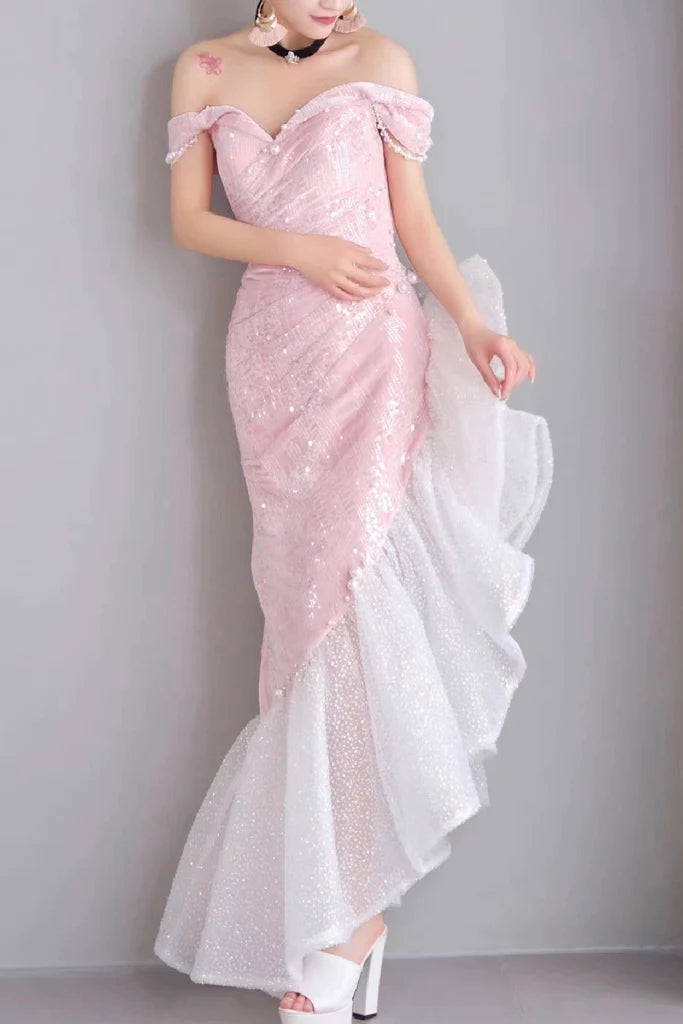 Pink Mermaid Off The Shoulder Prom Gown With Sequins, Sparkly Formal Dresses CHP0295