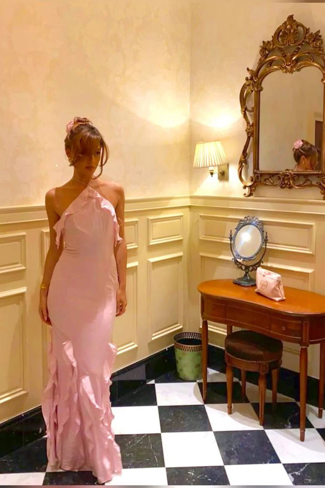 Halter Pink Mermaid Floor-Length Long Evening Dress , Prom Dress CHP0379