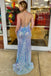 Backless Blue Sequins Mermaid Long Prom Dresses, Sparkly Formal Dress with Slit CHP0280