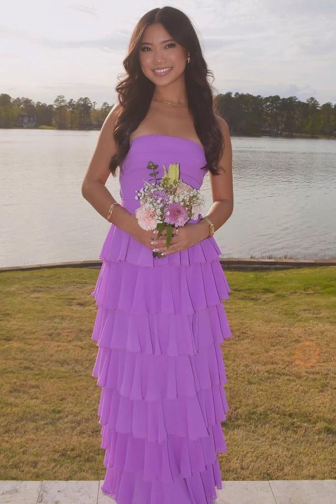 A Line Purple Chiffon Long Evening Dress, Party Dresses with Slit CHP0437