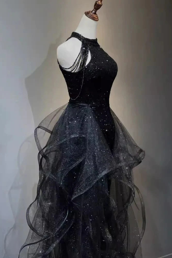 Sparkly Black Sleeveless Sequined Long Prom Dress With Ruffles, Mermaid Evening Gown CHP0331
