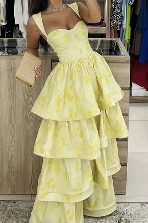 New Arrival Straps Printed Long Prom Dress, A Line Tiered Party Gown CHP0396