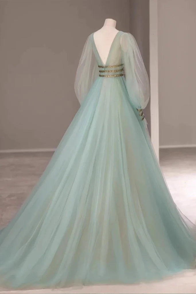 Mint Green Tulle Puffy Sleeve V Neck Long Prom Gown, Formal Dresses CH cherishgirls Mint Green Tulle Puffy Sleeve V Neck Long Prom Gown, Formal Dresses CH cherishgirls