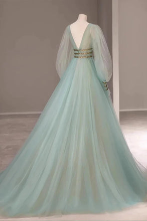 Mint Green Tulle Puffy Sleeve V Neck Long Prom Gown, Formal Dresses CHP0287
