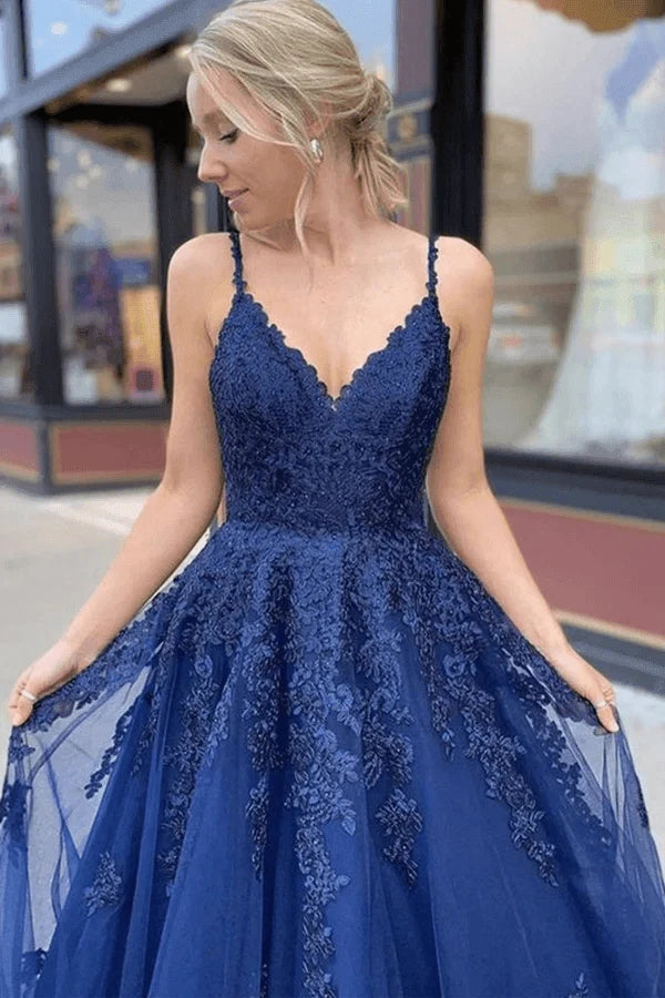 A-line Navy Blue Tulle Lace Long Prom Dress, Evening Dress CHP0247