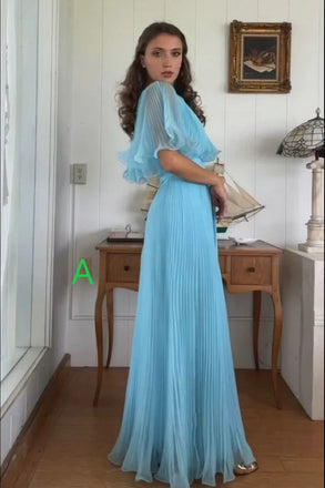 A Line Blue Pleated Chiffon Long Evening Dress, Party Dresses with Ruffles CHP0436