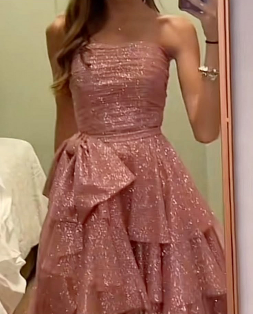 Shiny Strapless High Low Rose Gold Prom Party Dress With Bowknot CHP0434