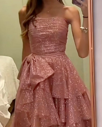 Shiny Strapless High Low Rose Gold Prom Party Dress With Bowknot CHP0434