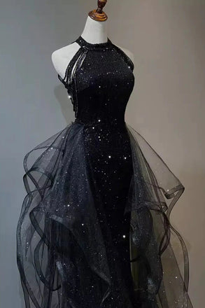 Sparkly Black Sleeveless Sequined Long Prom Dress With Ruffles, Mermaid Evening Gown CHP0331