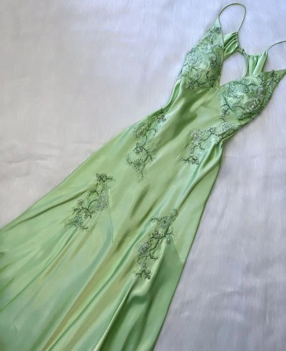 Unique Green Spaghetti Straps Long Prom Dress, Long Evening Gowns CHP0441