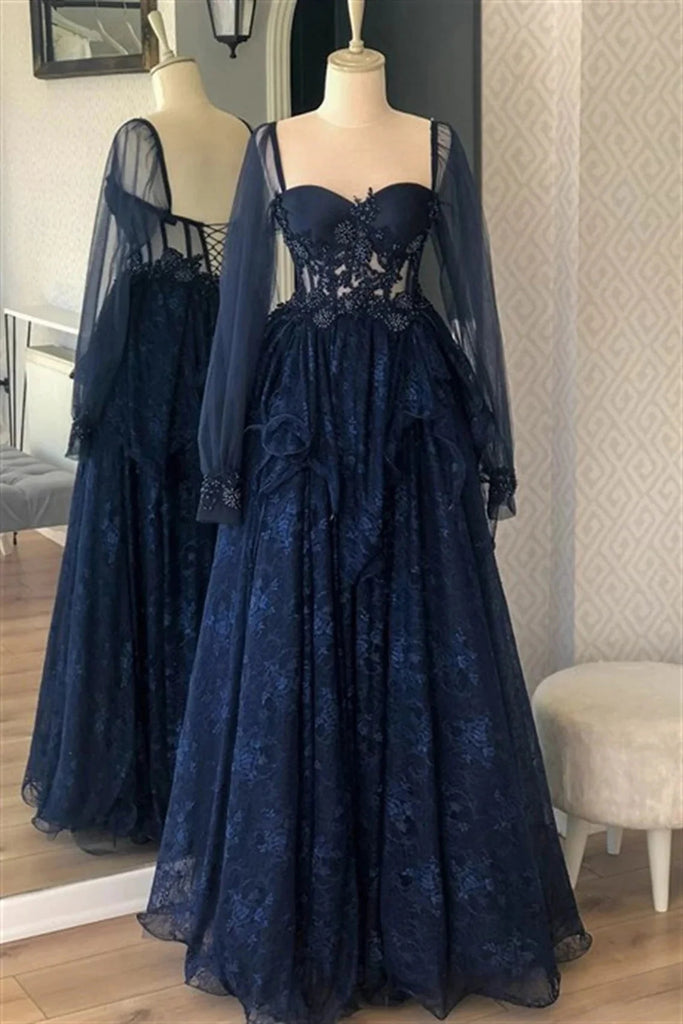Gorgeous A line Lace Long Sleeves Prom Dresses, Formal Evening Dresses CHP0276