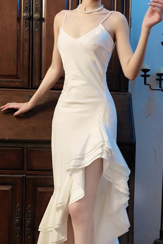 Spaghetti Straps V Neck Mermaid Formal Gown, Asymmetrical Prom Dress With Ruffles CHP0298