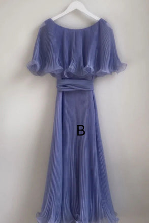 A Line Blue Pleated Chiffon Long Evening Dress, Party Dresses with Ruffles CHP0436