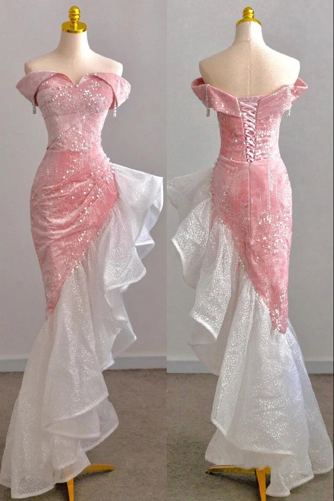 Pink Mermaid Off The Shoulder Prom Gown With Sequins, Sparkly Formal Dresses CHP0295