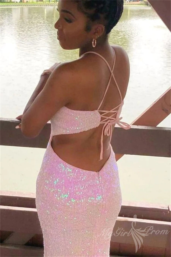 Halter Pink Sequins Mermaid Long Prom Dresses, Sparkly Lace-Up Formal Dress CHP0279
