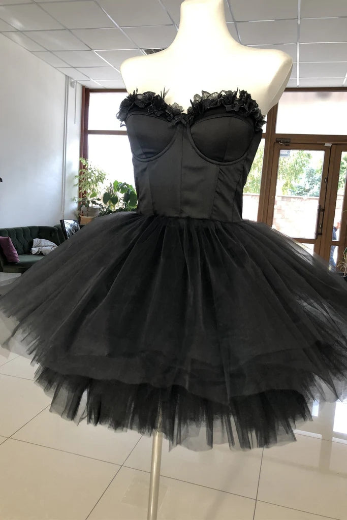 Black Sweetheart Tulle Short Homecoming Dress, Appliques Preppy Dress – cherishgirls Black Sweetheart Tulle Short Homecoming Dress, Appliques Preppy Dress – cherishgirls
