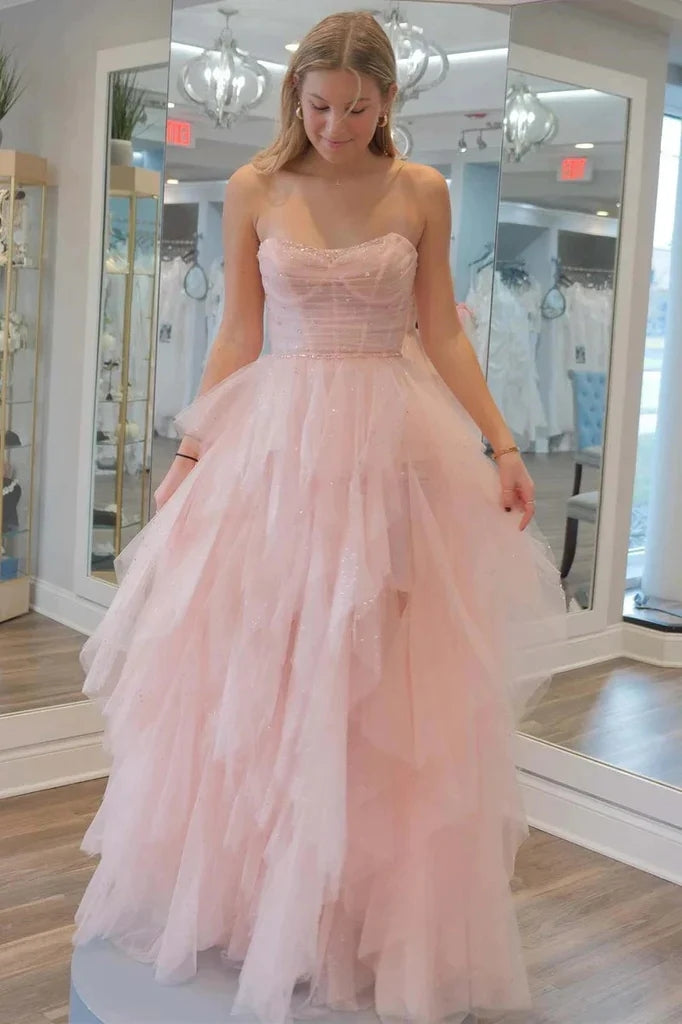 Strapless Light Pink Sequin Beaded Tulle Stunning Prom Dress, Evening Gown CHP0309