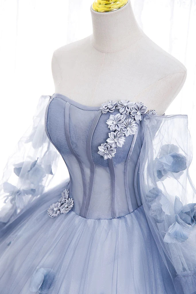 Off The Shoulder Blue Tulle Prom Dress With Flowers, Princess Quinceanera CHP0254