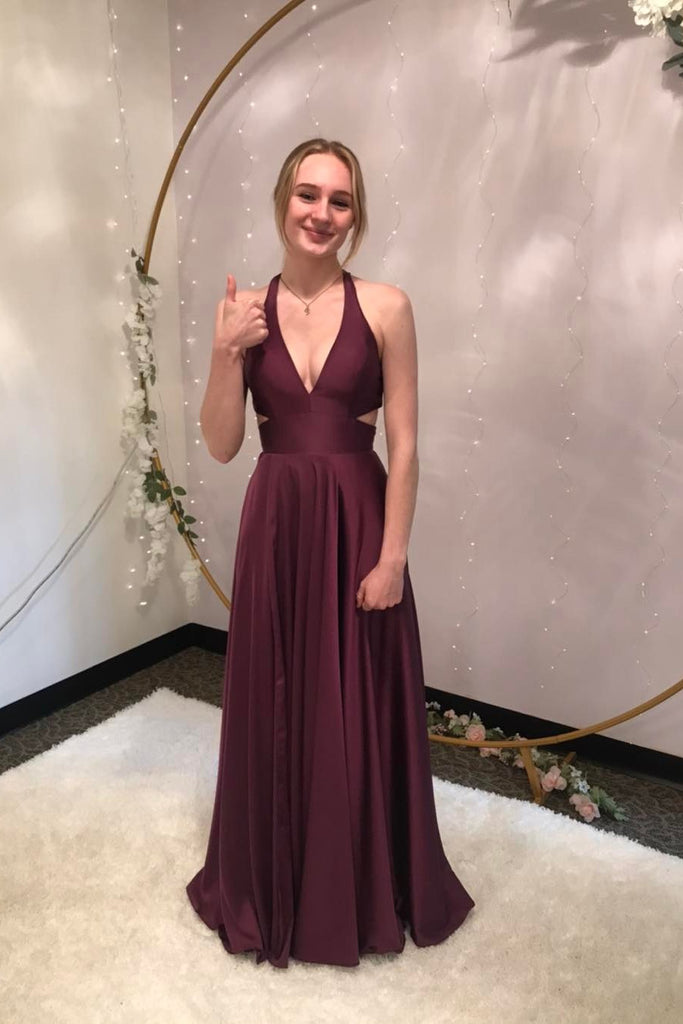A-Line Deep V Neck Long Party Prom Dresses With Slit,Evening Dress CHP0362