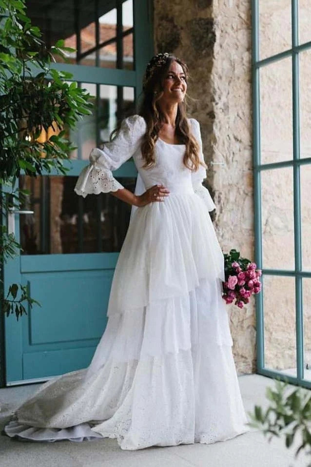 A Line Tiered Lace Wedding Dress With Train, Long Bridal Gown CHW0175