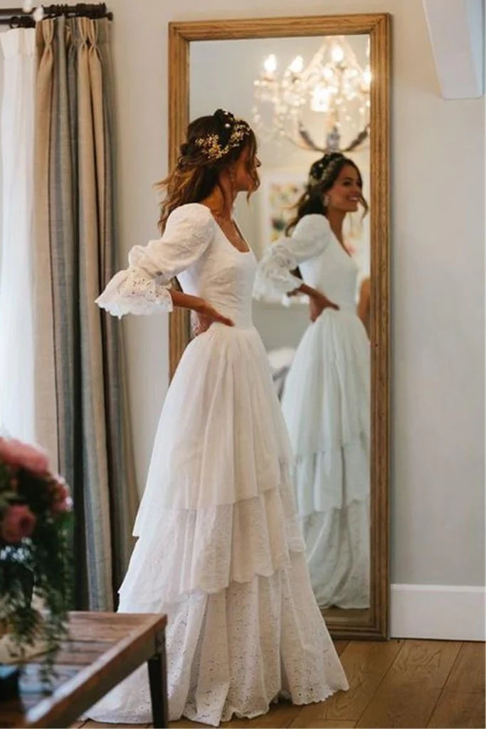 A Line Tiered Lace Wedding Dress With Train, Long Bridal Gown CHW0175 cherishgirls A Line Tiered Lace Wedding Dress With Train, Long Bridal Gown CHW0175 cherishgirls