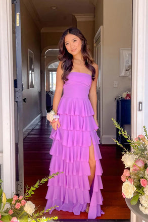 A Line Purple Chiffon Long Evening Dress, Party Dresses with Slit CHP0437