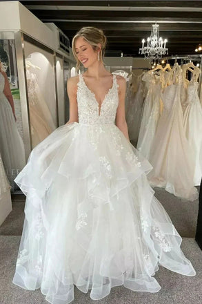 A Line Tiered Ruffles Lace Appliques V Neck Tulle Wedding Dress, Beach Bridal Gown CHW0198