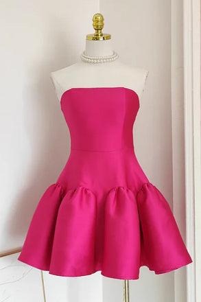 A line Strapless Hot Pink Satin Short Homecoming Dresses Birthday Outfits CHH0186