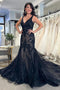 Black Tulle Appliques V-Neck Trumpet Long Wedding Dress, Bridal Gown CHW0184